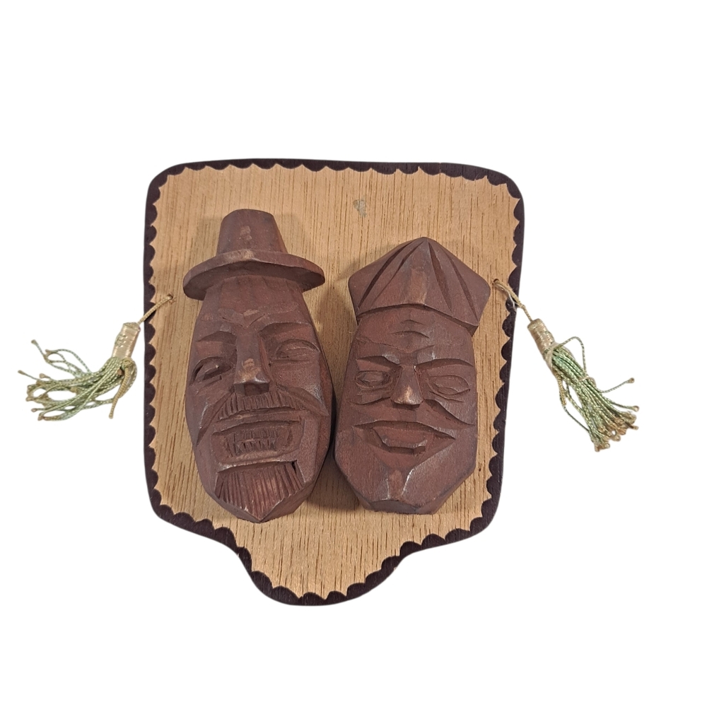 Vintage Hand Carved Masks On Plywood Wall Hanging Folk Art Made in South Korea